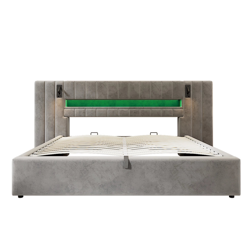 Letto matrimoniale 180x200 cm in velluto grigio con LED e USB