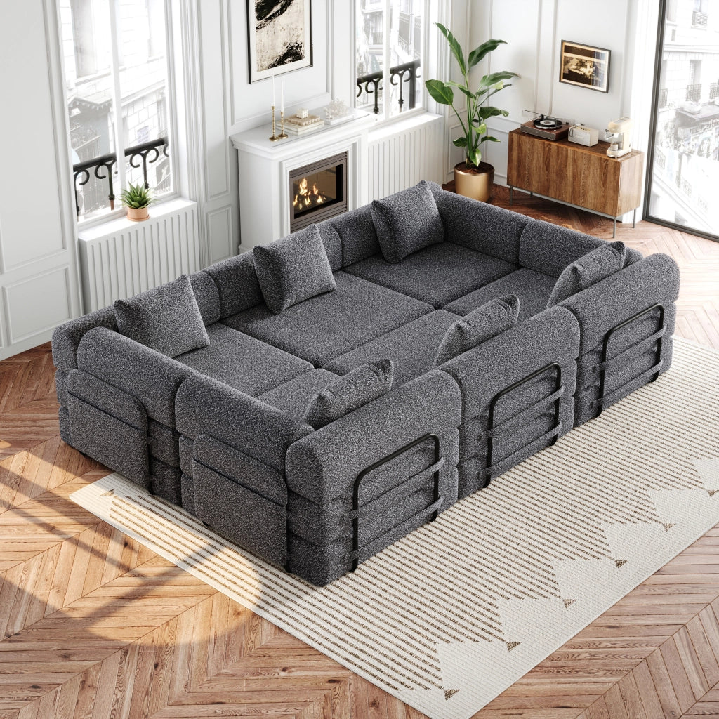 Divano modulare convertibile con vano nel bracciolo struttura in acciaio e base antiscivolo in chenille grigio