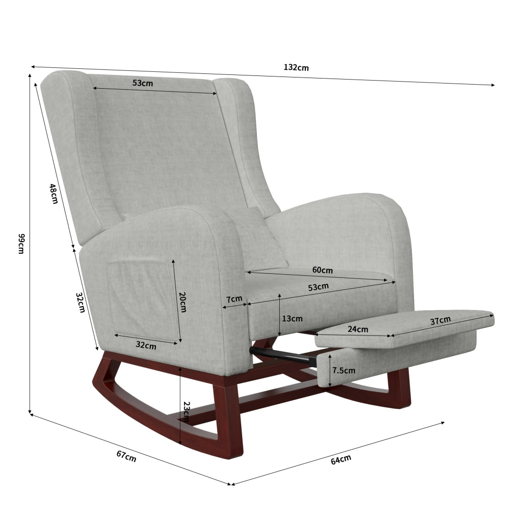 Poltrona relax a dondolo 67x64x99 cm con poggiapiedi; sedia a dondolo da interno per allattamento struttura in legno e velluto opaco; grigio