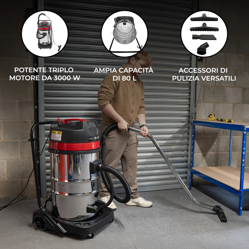 Aspirapolvere Industriale 80 Litri A Secco e A Umido con 3 Accessori per Pulizia