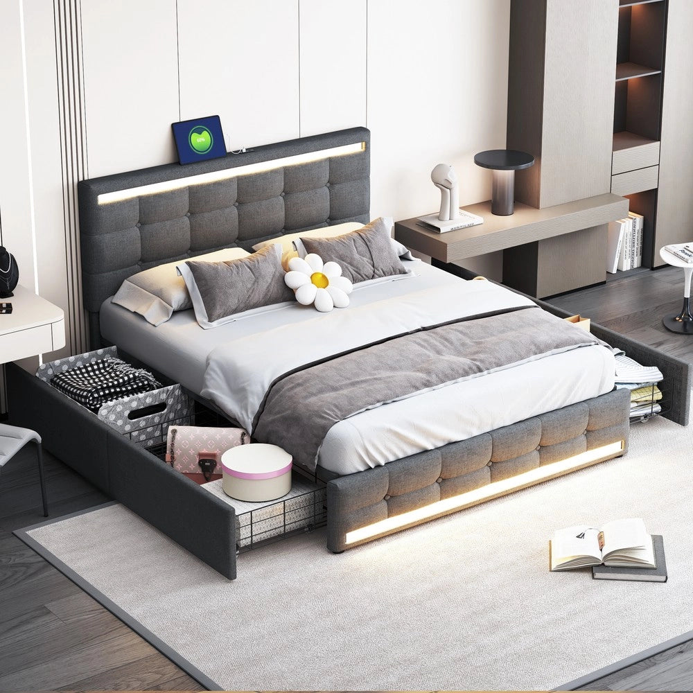 Letto Imbottito con Contenitore ¨C MINIMAL ¨C Tessuto Grigio, LED, 4 Cassetti, 140x200