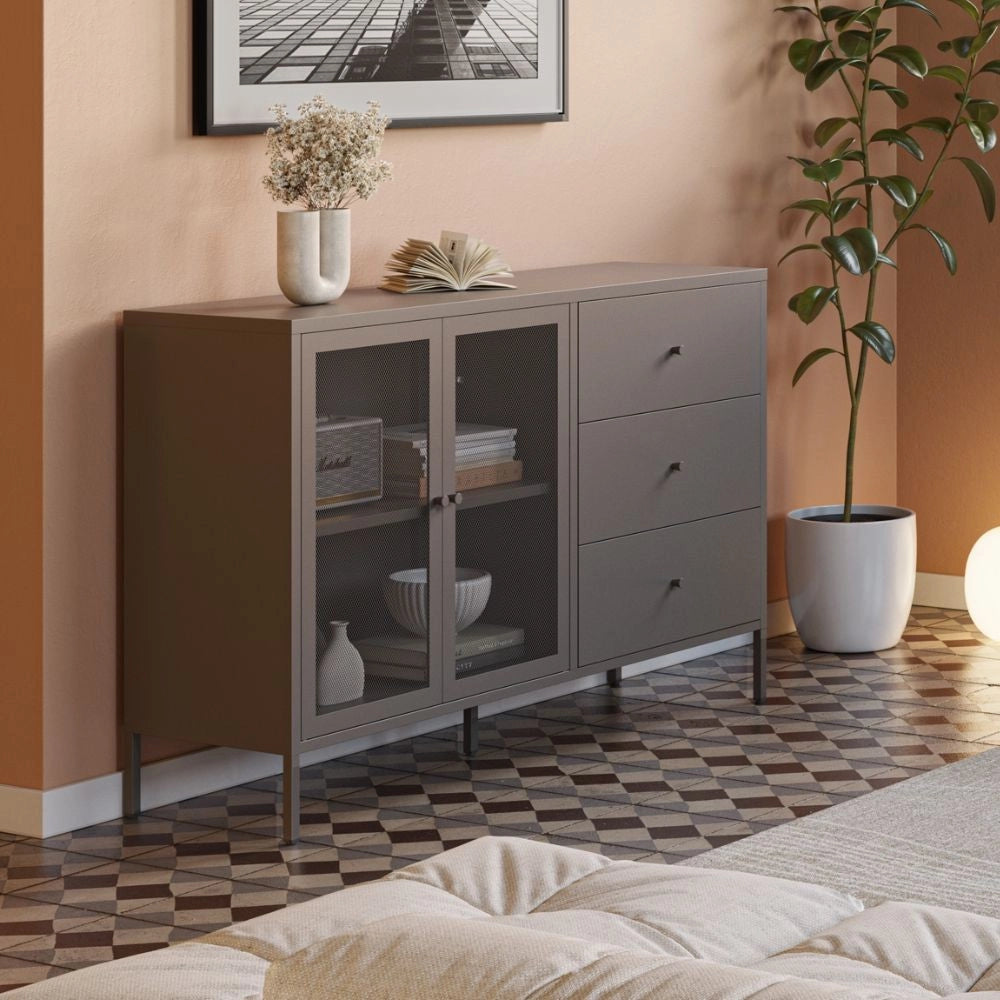 Credenza Fayna in metallo mocha con 2 ante e 3 cassetti 140x40x90H Design industriale