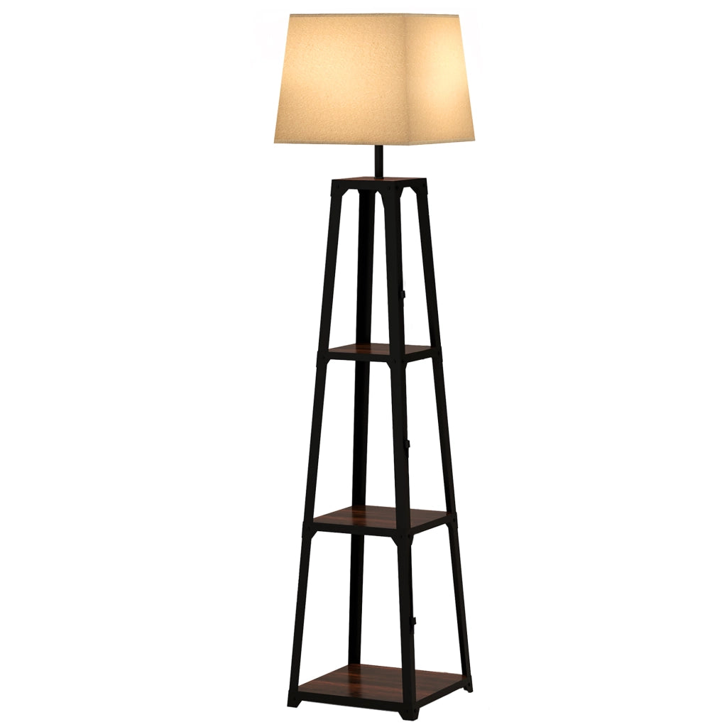 Lampada da Terra in Metallo e MDF a 3 Ripiani con Paralume in Tessuto, ?42x166 cm, Nero e Beige