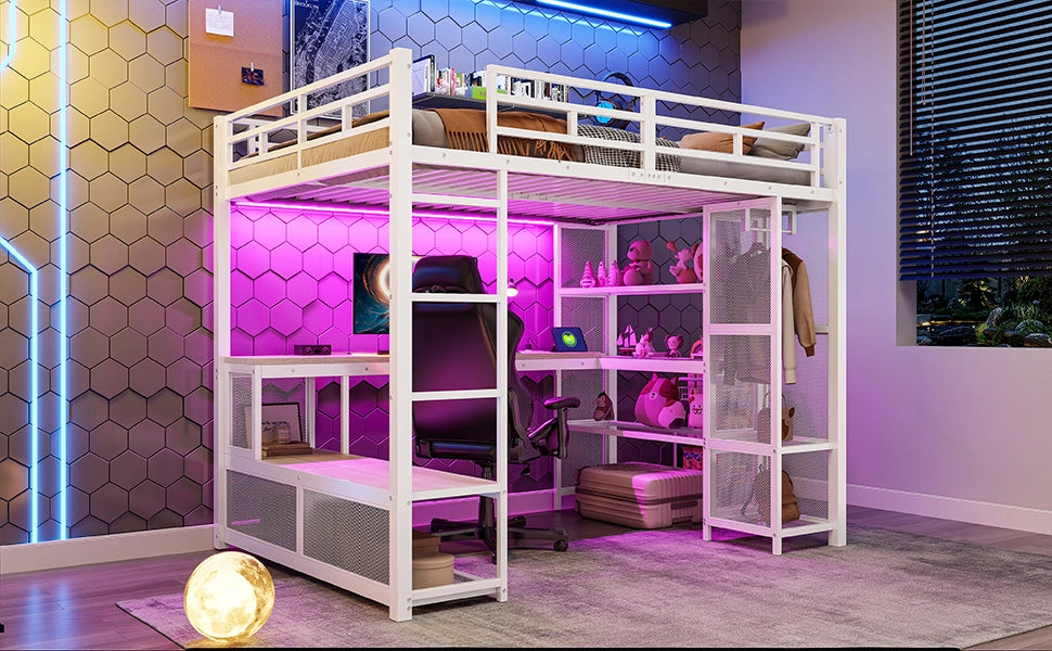 Letto a soppalco 140 × 200 cm con scrivania, ripiani, armadio aperto e LED, senza materasso, bianco