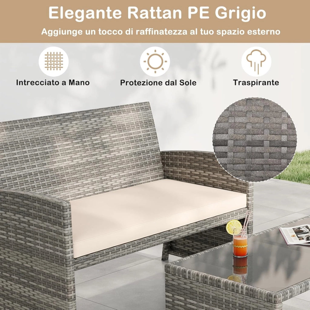 Set Mobili da Giardino in Rattan PE, Divano a 2 Posti e 2 Poltrone con Cuscini Comfort, Tavolino con Piano in Vetro, Arredo da Esterno per 4 Persone per Patio, Balcone, Cortile (Grigio+Bianco)