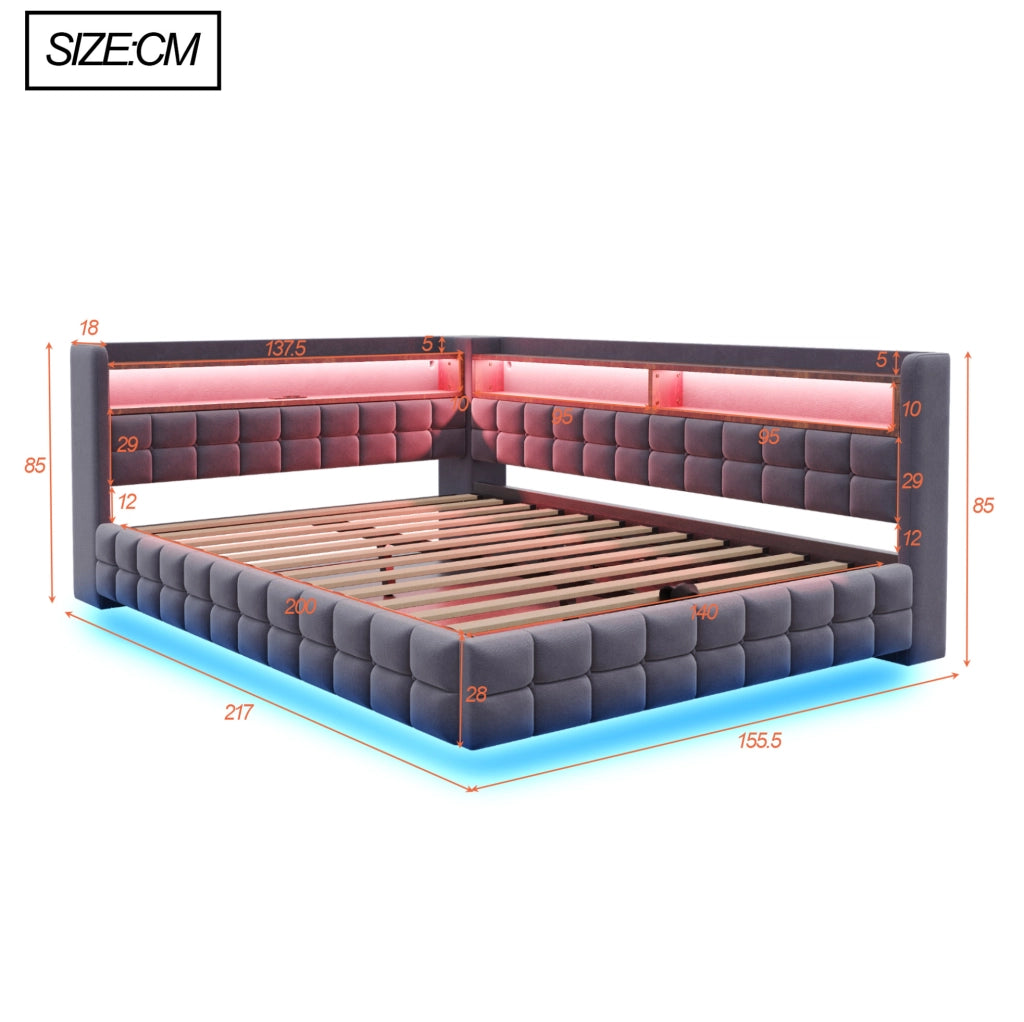 Divano letto imbottito con contenitore 140x200 cm; velluto grigio; LED; prese USB e Tipo C