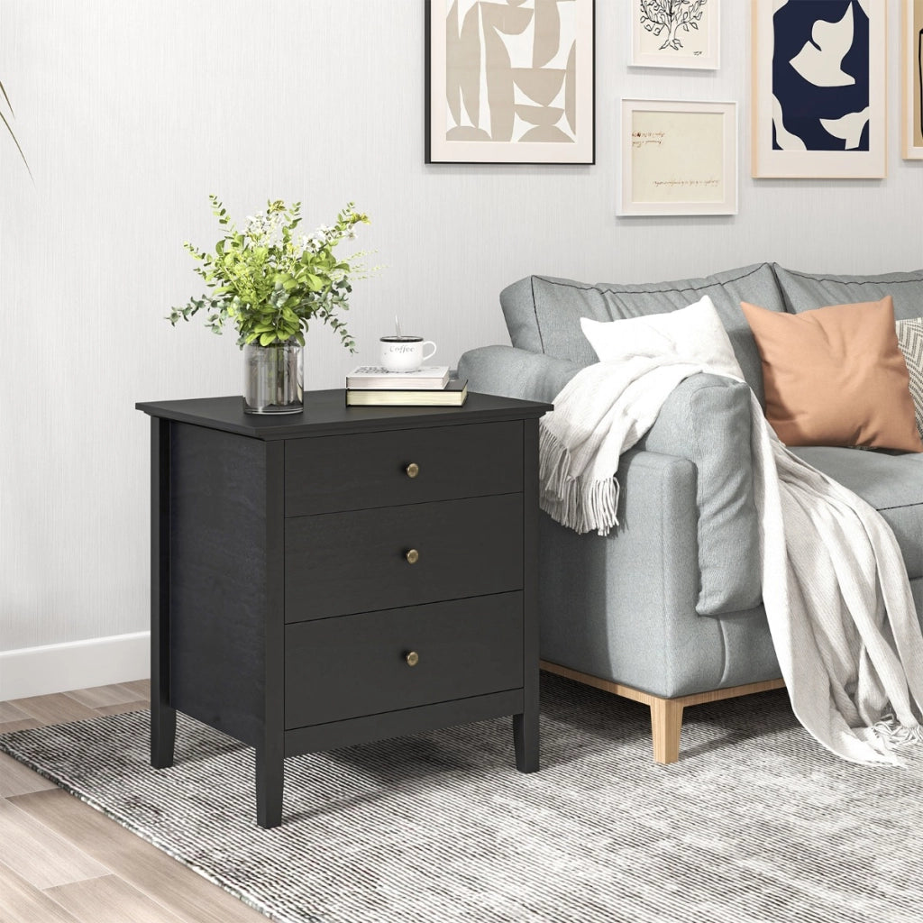 Comodino a 3 cassetti in legno con ripiani-Tavolino da notte moderno con finitura in legno per camera da letto Nero