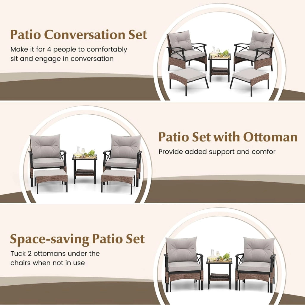 Set di mobili da giardino in rattan, per balconi, balconi, terrazze, 2 poltrone con sgabello, con cuscino, set di mobili da balcone per 2 persone (Marrone)