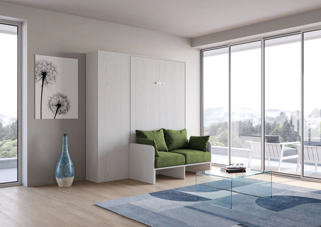 Letto una piazza e mezzo a scomparsa 120 Kentaro con divano e colonna bianco frassino, verde