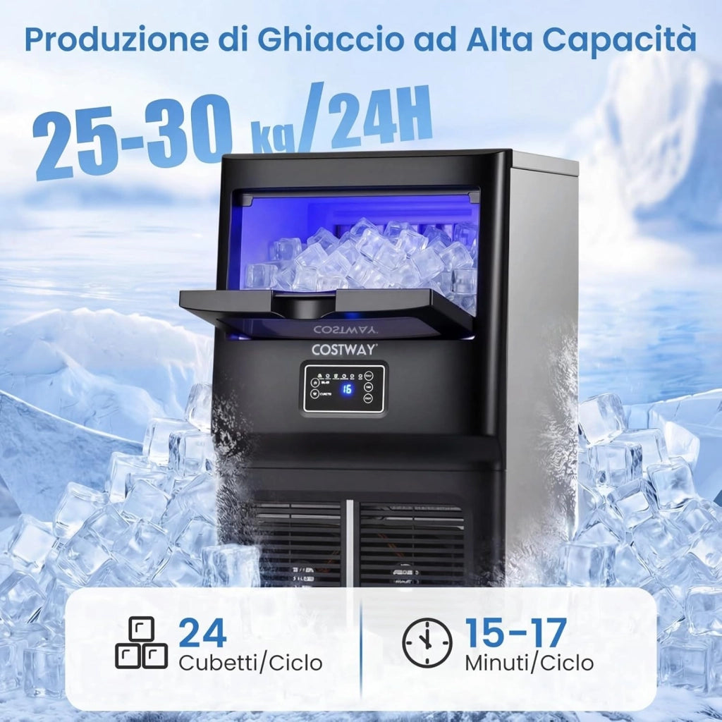 Macchina per Ghiaccio Commerciale, 25-30 kg/24H, Produttore di Ghiaccio in Acciaio Inox con Autopulizia, Filtro dell’Acqua, per Bar Ristorante e Caffetteria