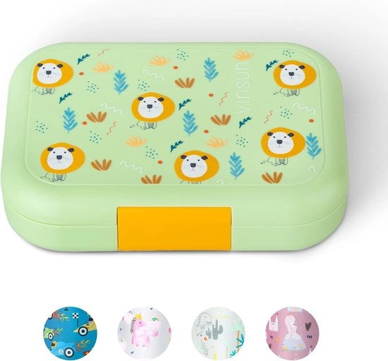 Bento Box per bambini con 4 contenitori - inerte, BPA-free, lavabile in forno a microonde - Bento Box verde con motivo di leoni per asilo nido, scuola primaria, uscite