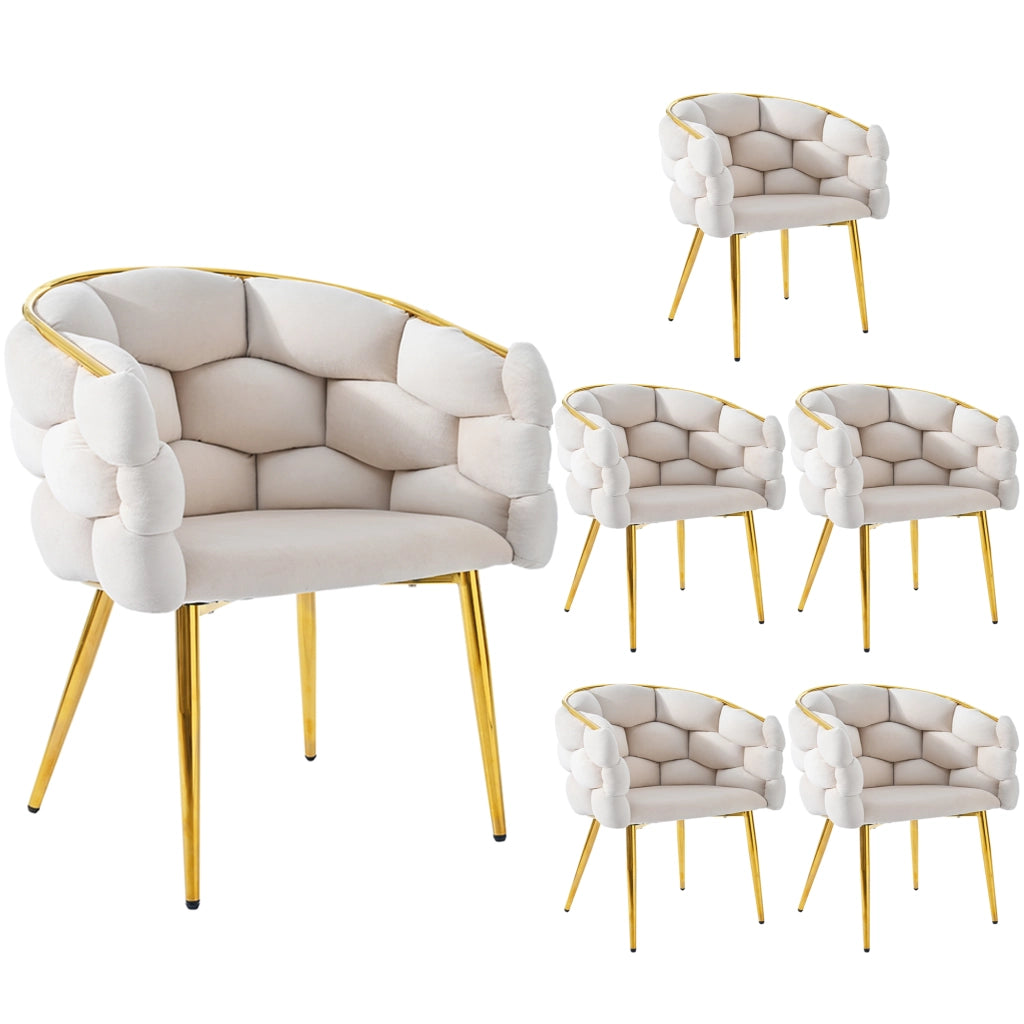 Tavolo da pranzo per 6 persone con 6 sedie, stile moderno, in MDF, metallo e velluto, beige e oro, 140 × 80 × 75 cm