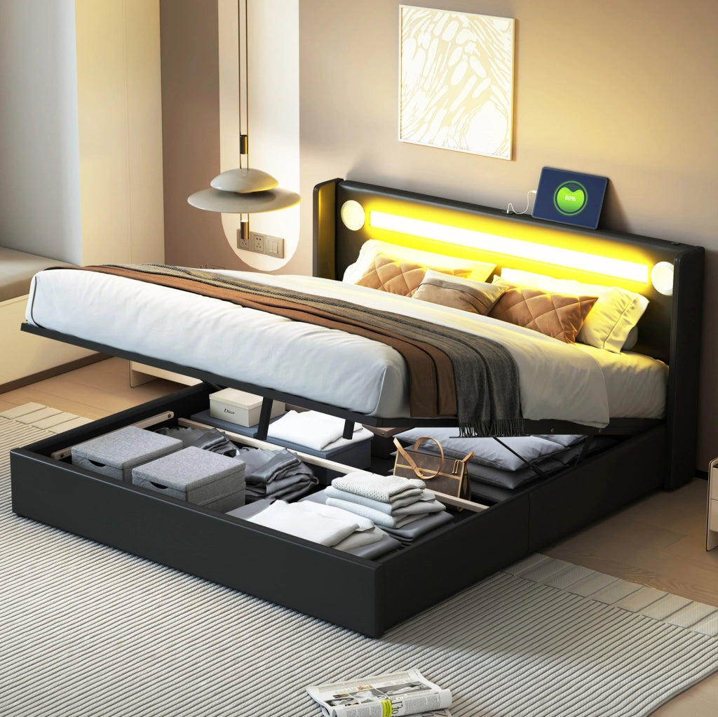 Letto imbottito contenitore matrimoniale 160x200 con LED; Bluetooth e USB; PU nero