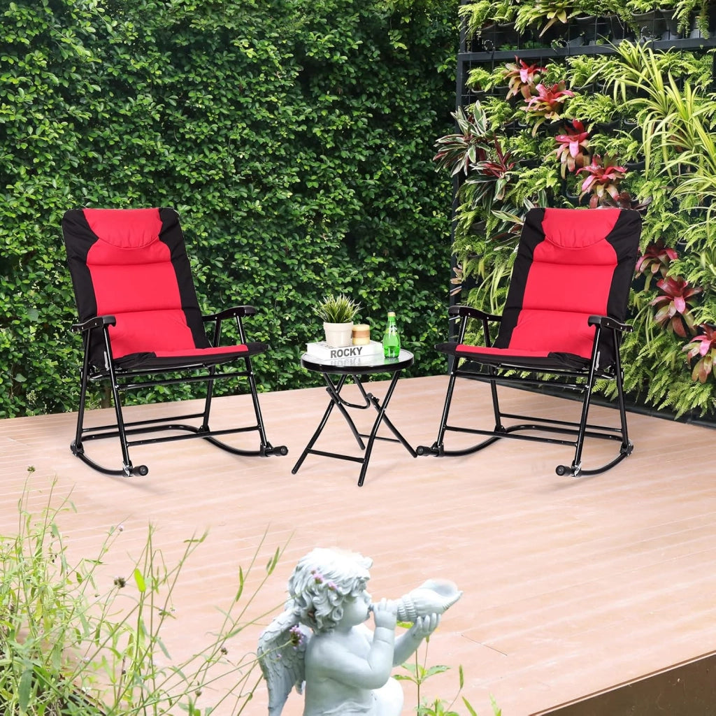 Set di 3 sedie a dondolo, pieghevoli, da balcone, con 1 tavolino e 2 sedie a dondolo, da giardino, per esterni, balcone, set per 2 persone, per balcone, giardino (rosso)