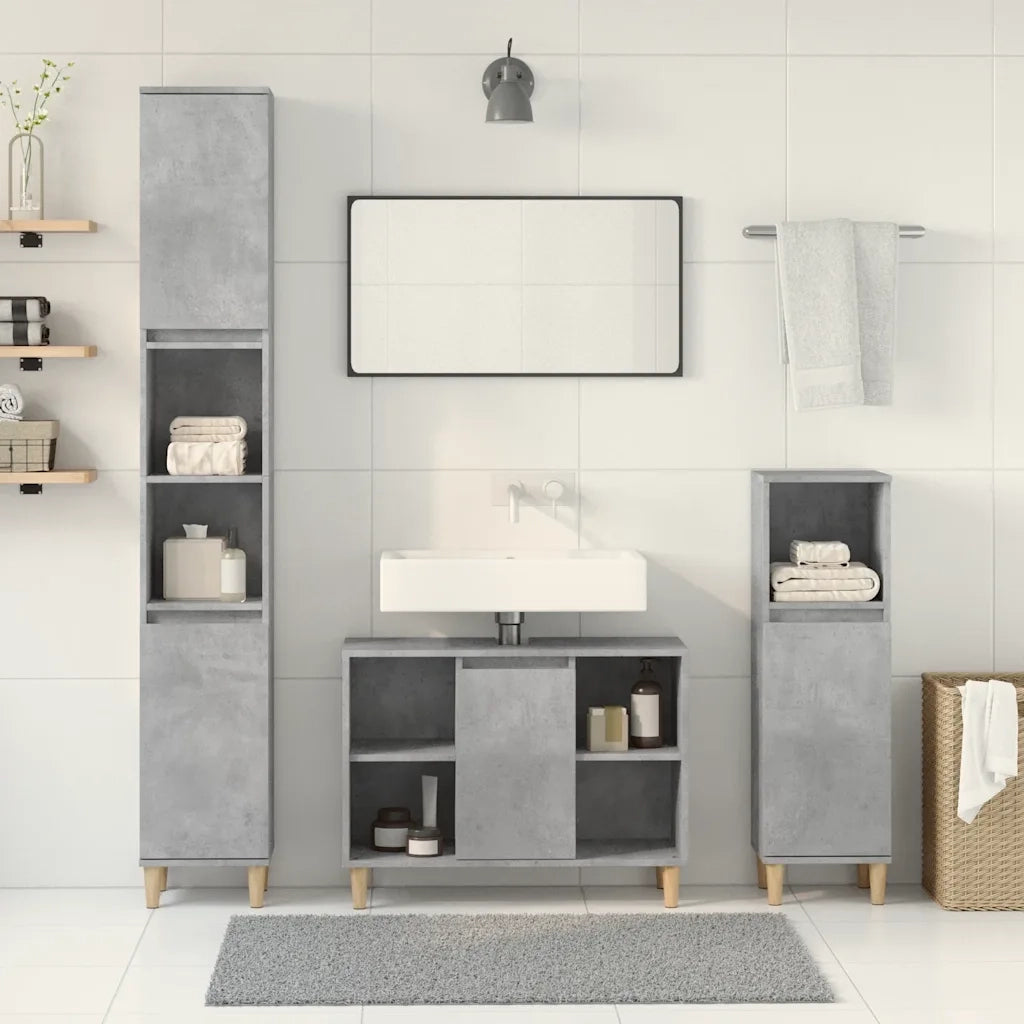 Set Mobili da Bagno | Armadio da bagno 3 pz Grigio Cemento in Legno Multistrato