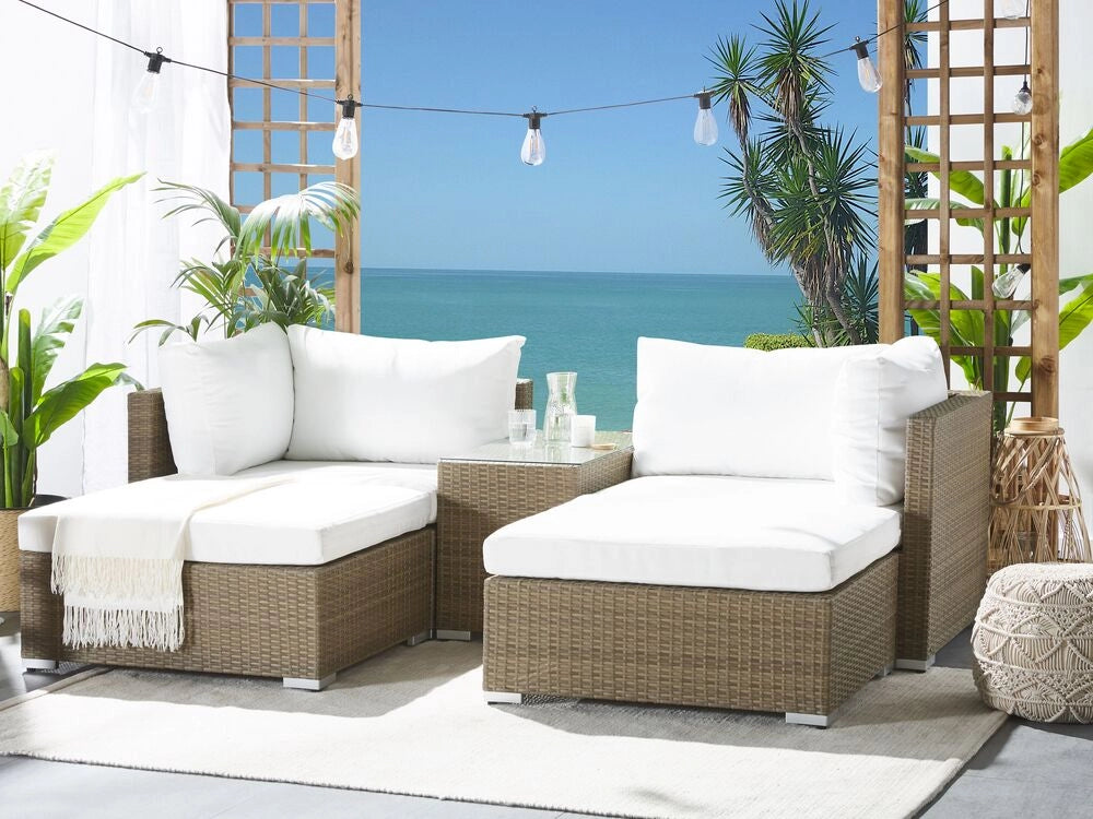 Set salotto da giardino marrone bianco cuscini Rattan Sintetico per 2 persone Set da esterno 3 pezzi con tavolino