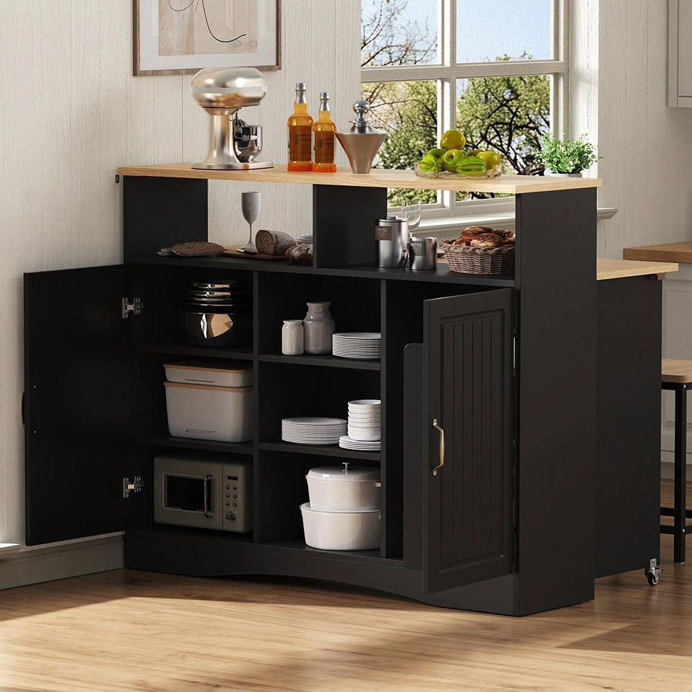 Isola cucina estensibile con sedie - Xylo - Nero - Ruote, ampio spazio di stoccaggio