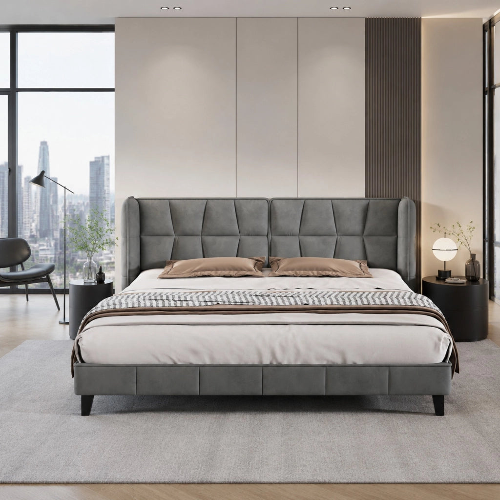 Letto imbottito matrimoniale 180x200 cm in velluto grigio con rete a doghe e testiera alta
