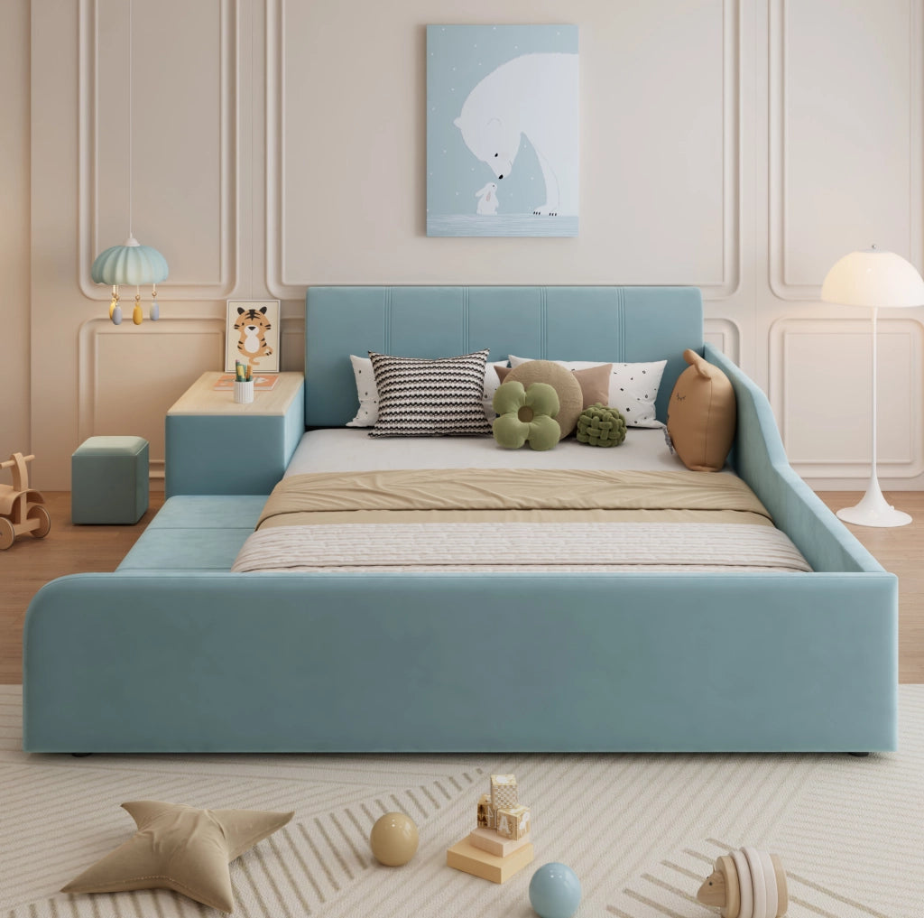 Letto imbottito 140x200 cm con scrivania laterale e sgabello in velluto blu