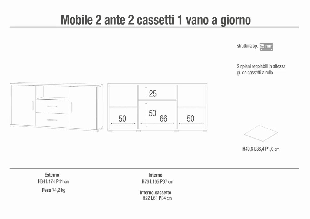 Madia Credenza Mobile 2 ante con 2 cassetti 174x41x84H design moderno in kit di montaggio colore Ossido bianco