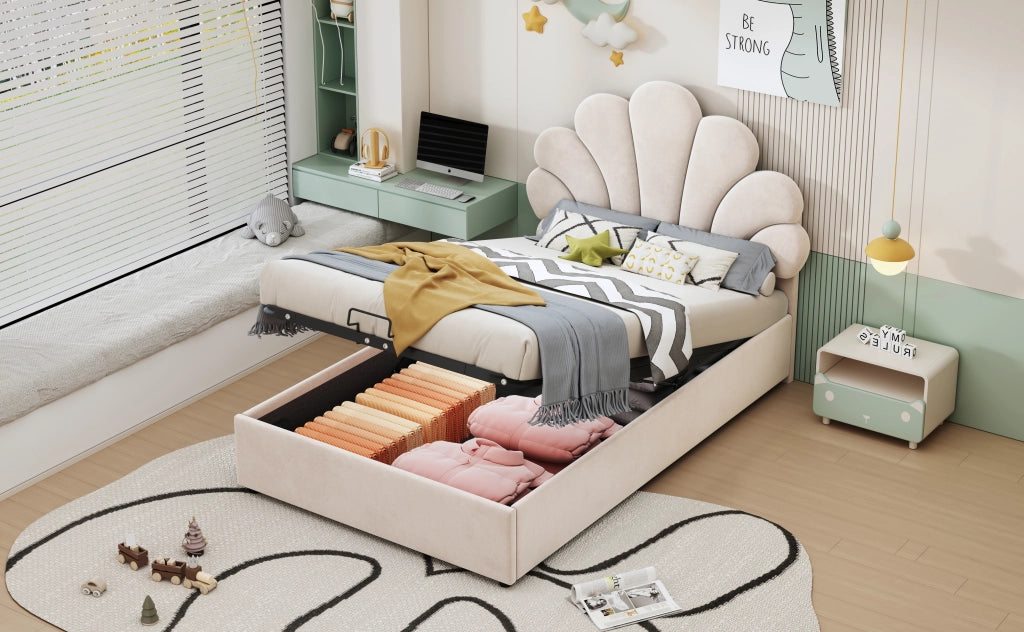 Letto per bambini imbottito con testiera floreale regolabile; contenitore idraulico e doghe; velluto beige; 90x200 cm; senza materasso