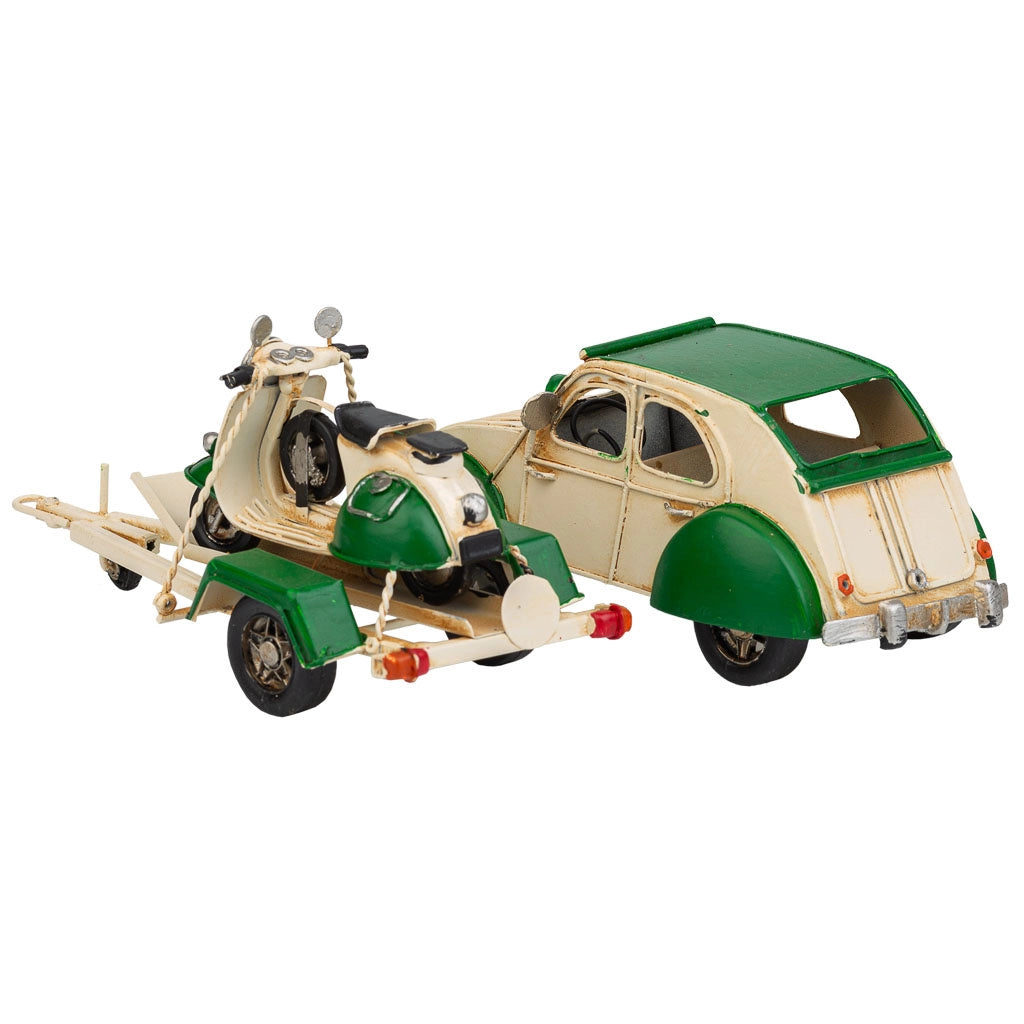 Rimorchio auto con moto in metallo verde 41x9x9,5h
