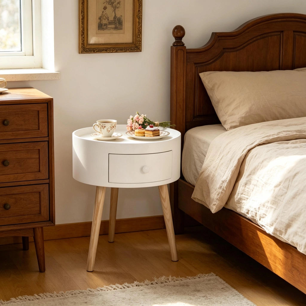 Comodino rotondo con cassetto e piano rialzato in MDF e legno, bianco e legno chiaro 38 × 38 × 45 cm