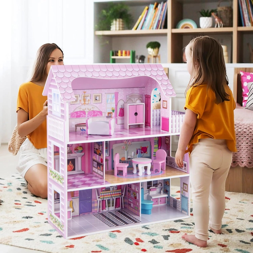 Casa delle Bambole in Legno per Bambina Giocattolo dei Bambini 3 Piani con Mobili e Accessori