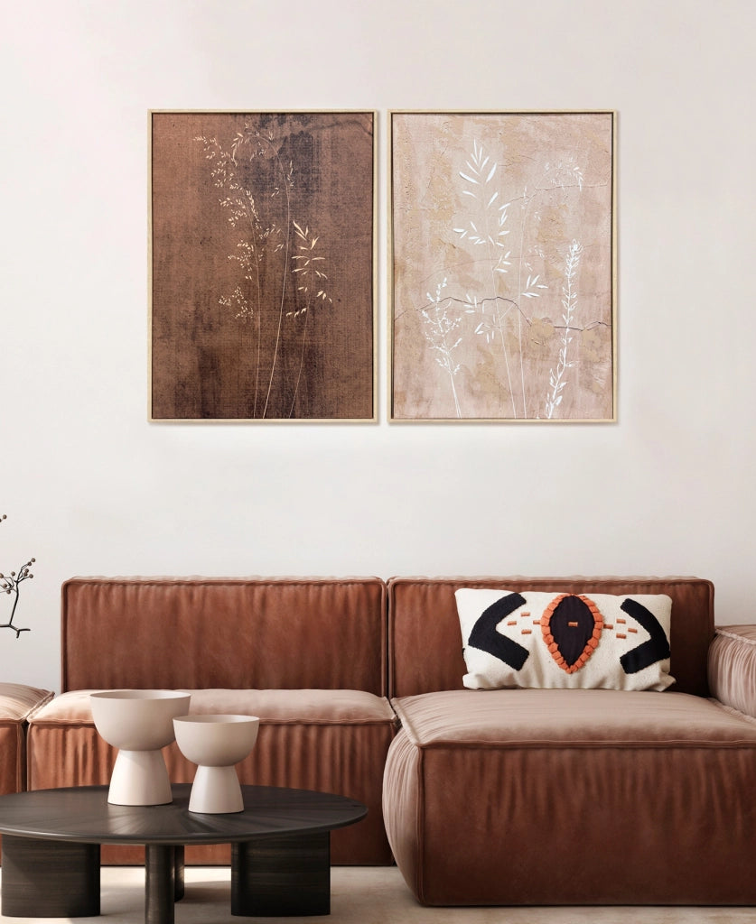 Dittico di tele incorniciate Hispanohogar stampa e pittura marrone e rosa 72x52