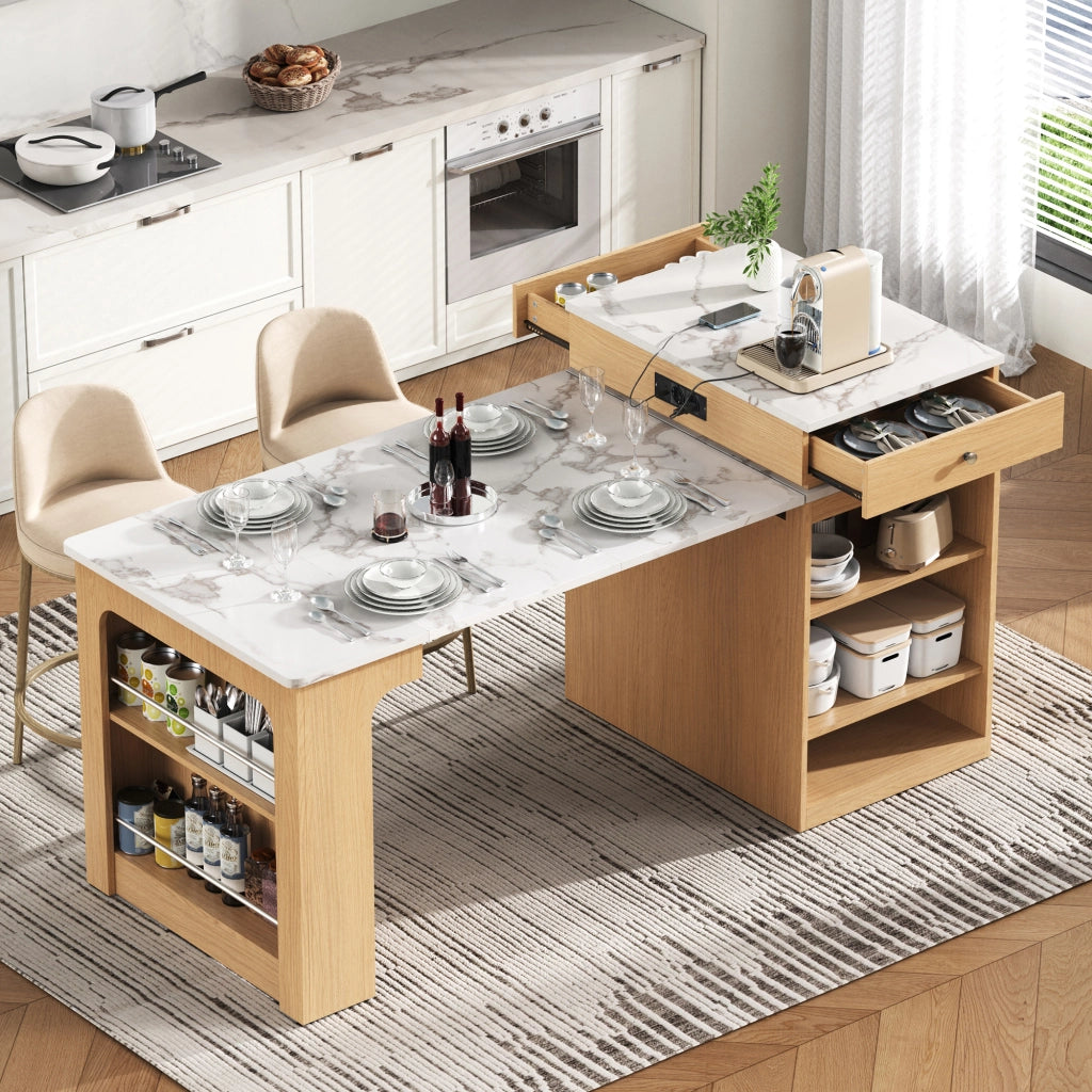 Tavolo da pranzo - isola cucina su ruote - piano estraibile - bar con prese - naturale - per cucina e sala