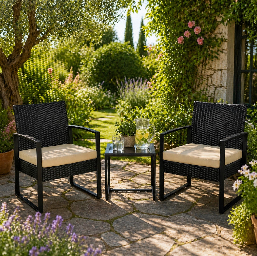 Set Da Giardino 2 Poltroncine Con Tavolino Sedie Con Cuscini Beige Polyrattan E Metallo Design Moderno 57.5 x 63 x 76 Cm Nero