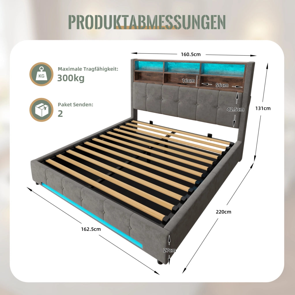 Letto 160x200 cm con contenitore; testiera multifunzione e LED in velluto grigio scuro