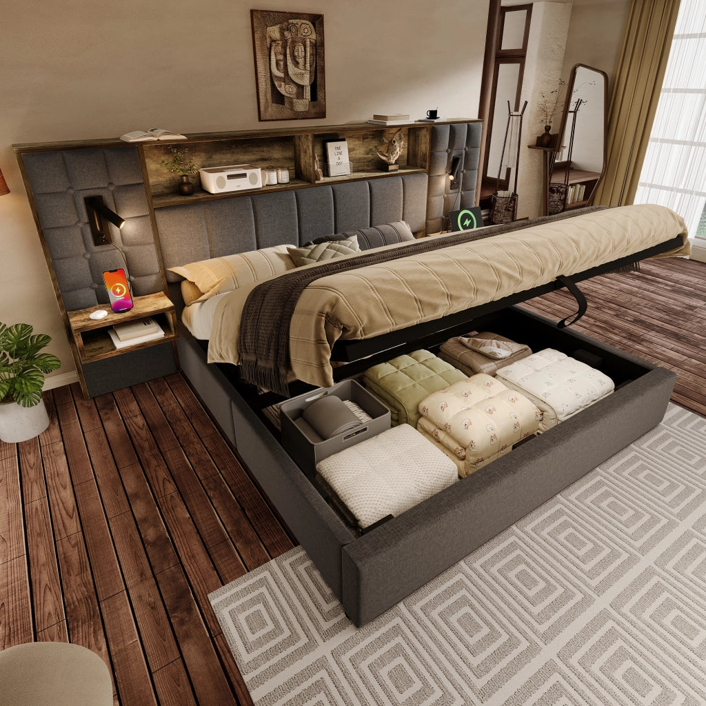 LETTO 160x200 cm in lino grigio con luci di lettura, USB e tavolini
