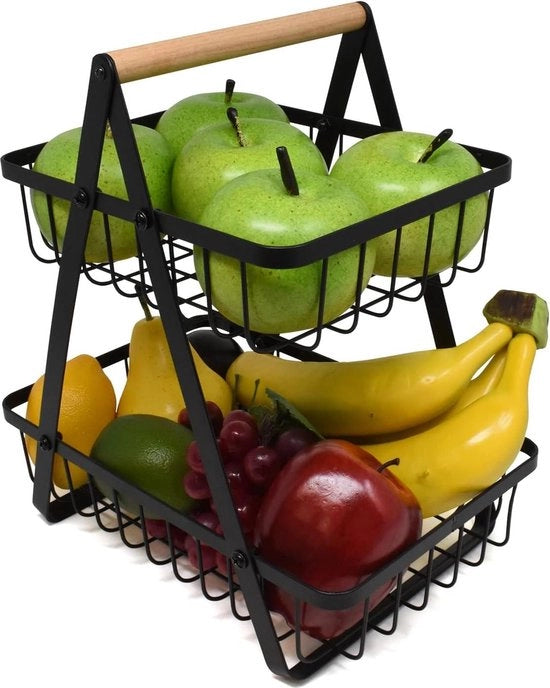 Contenitore a doppia altezza nero per frutta e verdura - cestelli in acciaio inossidabile per frutta - contenitore per frutta e verdura spaziale per la cucina - contenitore per verdura a filo aperto - contenitore per frutta