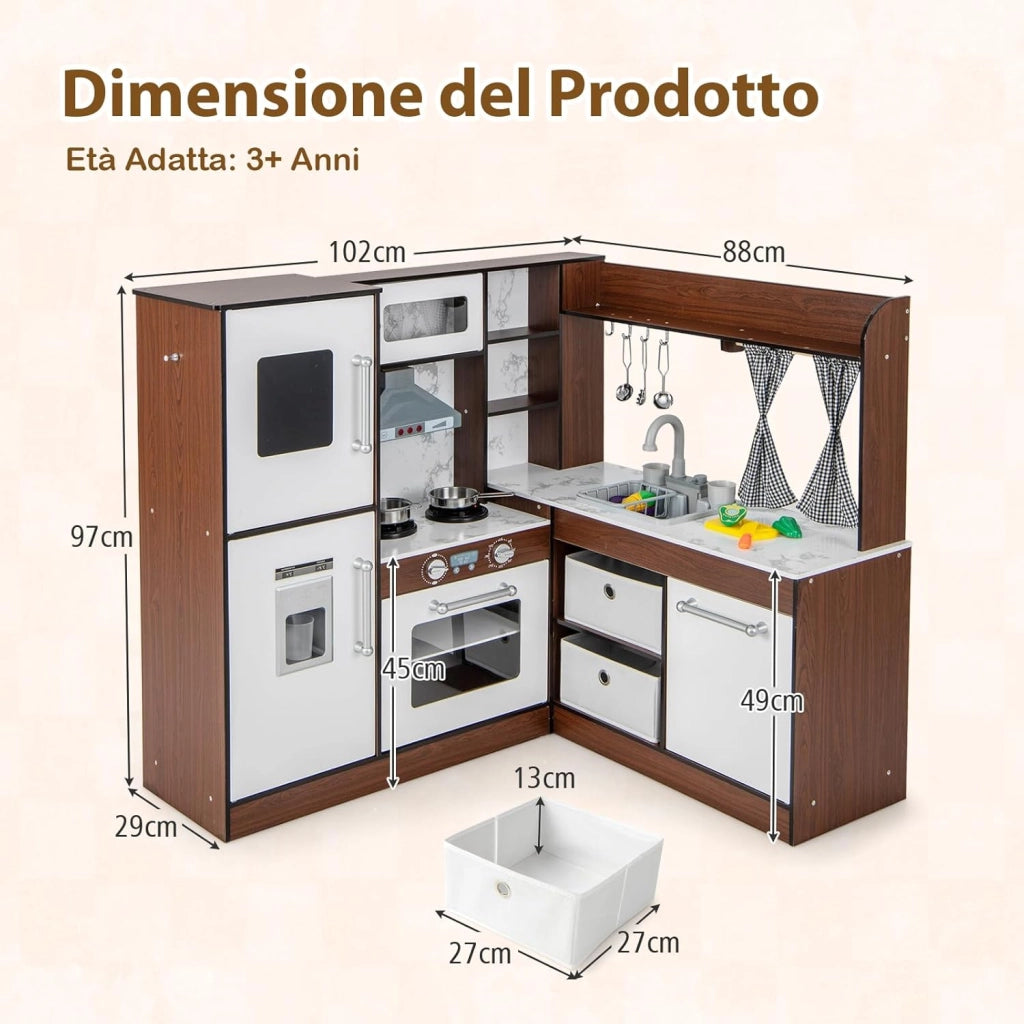 Set da Cucina Giocattolo in Legno, Cucina Giocattolo per Bambini con Accessori, Piano di Cottura con Luci e Suoni, Cucina Giocattolo per Divertimento ed Educazione, Età 3+ anni
