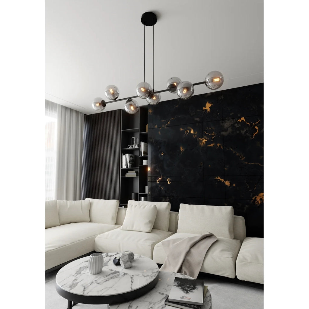 Lampadario Contemporaneo 8 Luci Durga In Acciaio Nero E Sfere In Vetro Fumè