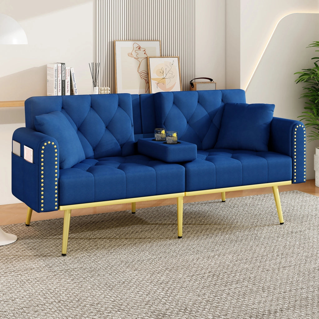 Divano letto multifunzione 175x80x73;5 cm in velluto blu con schienale regolabile
