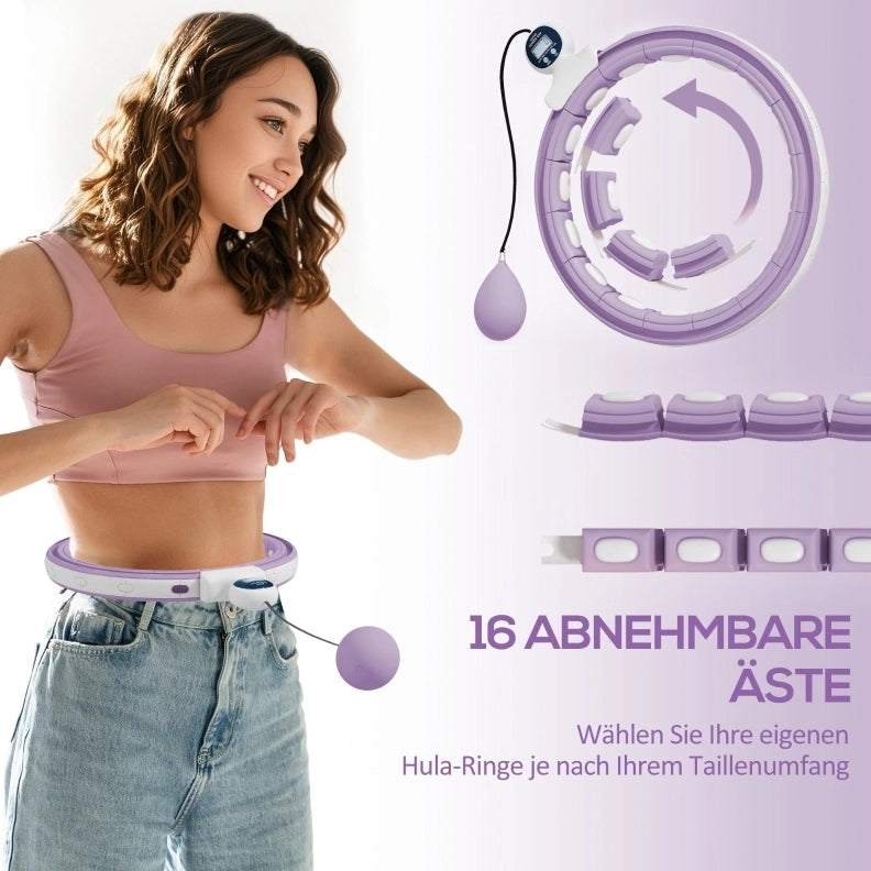 Hula Hoop intelligente con contatore e peso, 16 segmenti regolabili, diametro 44,3 cm, viola