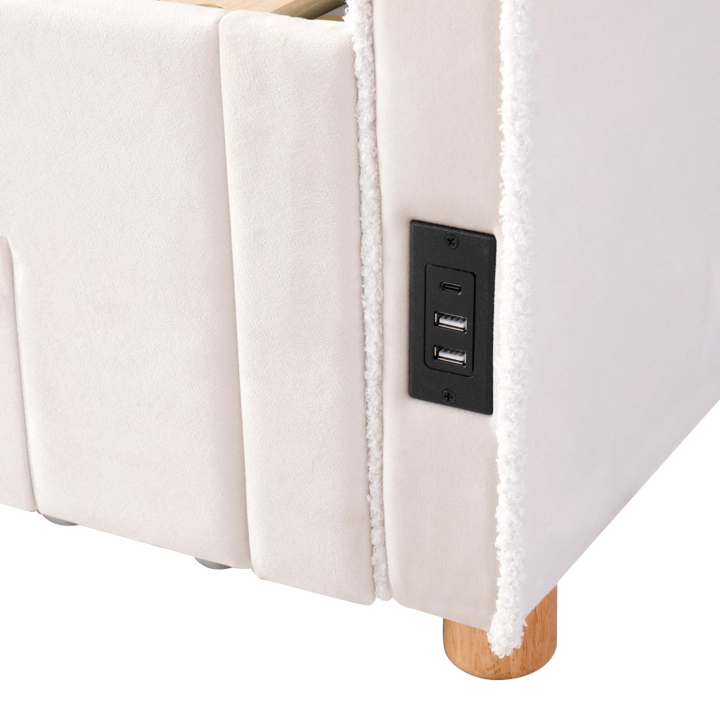 Letto divano estraibile 90 × 200 cm con 2 cassetti, USB e Type-C, senza materasso, in velluto, beige