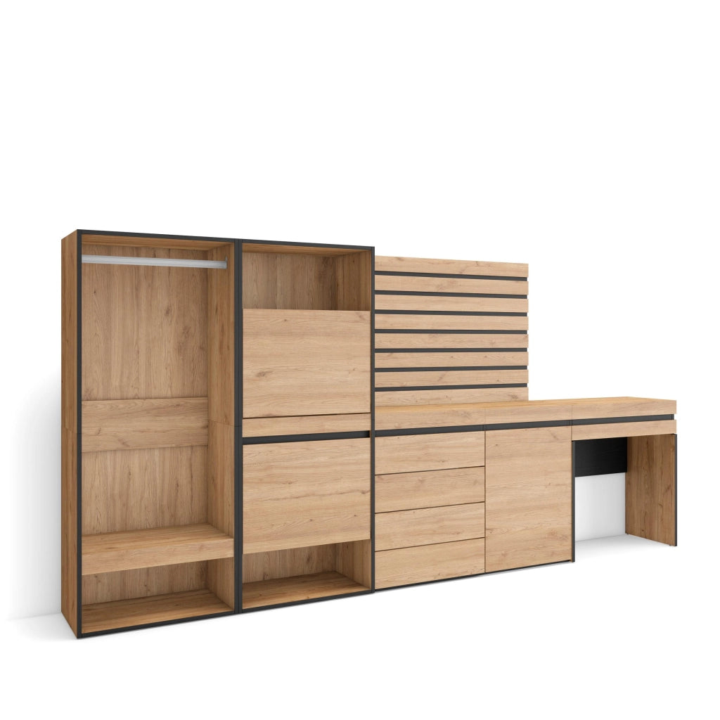 Scarpiera, 297x35x145cm, Camera da letto, Armadio Aperto, Cassettiera, Pannelli Decorativi, Tavolo da toeletta, colore Rovere RF3542