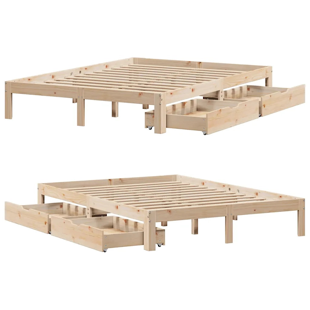 Letto matrimoniale | Letto per adulti | Giroletto con Cassetti 140x200 cm in Legno Massello di Pino