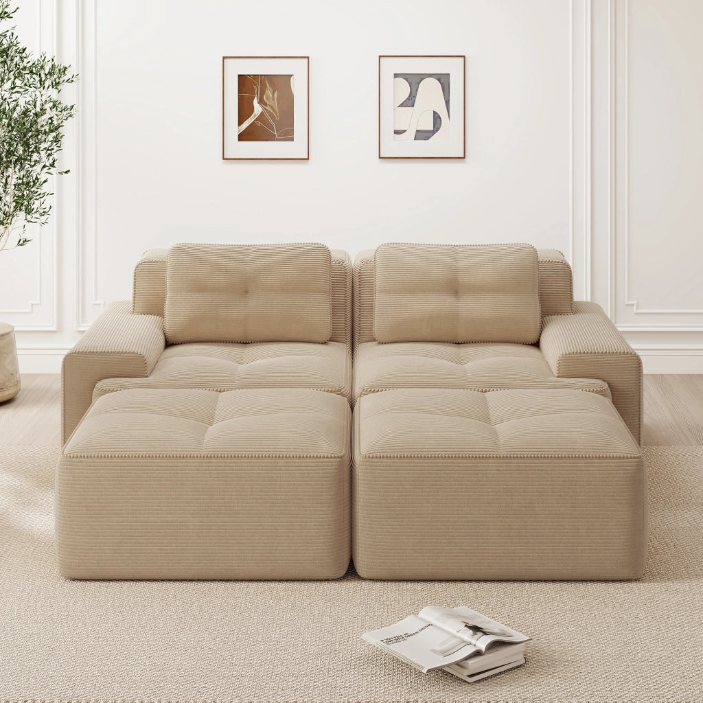 Divano modulare senza struttura in velluto a coste; seduta profonda 74 cm; schienale curvo; beige
