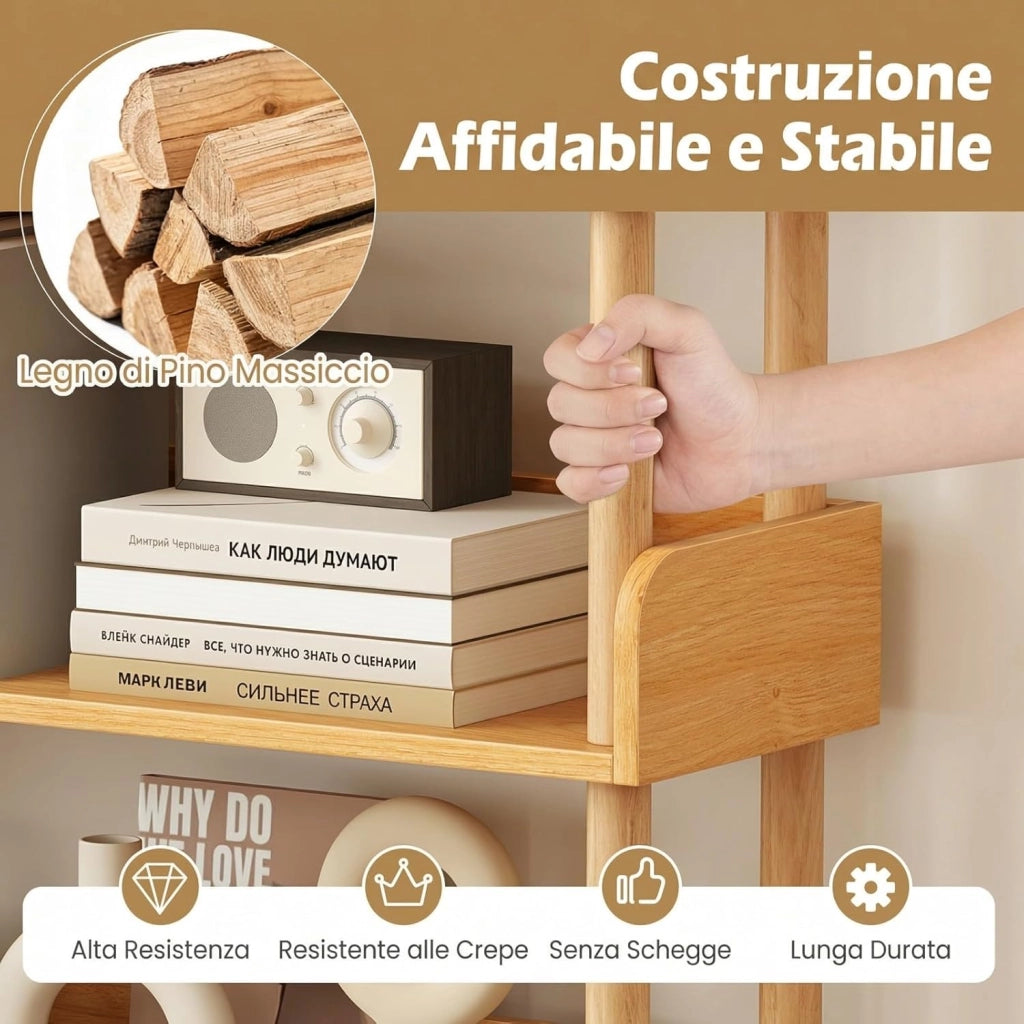 Libreria Verticale a 5 Livelli, Scaffale per Libri Aperto con Gambe in Legno di Pino,Protezione dei Bordi e Kit Antiribaltamento, Libreria Scaffale da Terra per Soggiorno e Camera da Letto