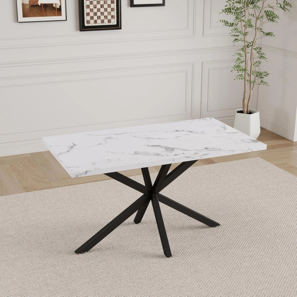GrandCA HOME Tavolo da Pranzo Moderno da 140 cm con Piano Effetto Marmo, Tavolo da Cucina con Quattro Gambe in Metallo, per Sala da Pranzo in Soggiorno, WH+BK