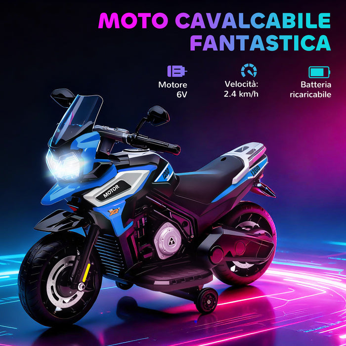 Moto Elettrica per Bambini 12V con Rotelle Specchietti e Poggiapiedi in PP e Metallo Blu