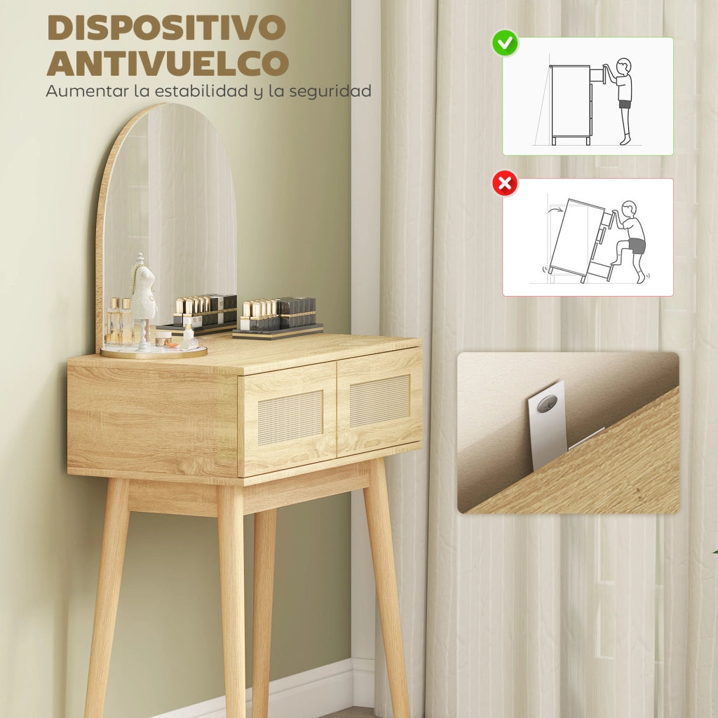 Tocador con Specchio Arcuato e 2 Cassetti ¨C zephmum ¨C Legno Naturale con Frontale in Rattan