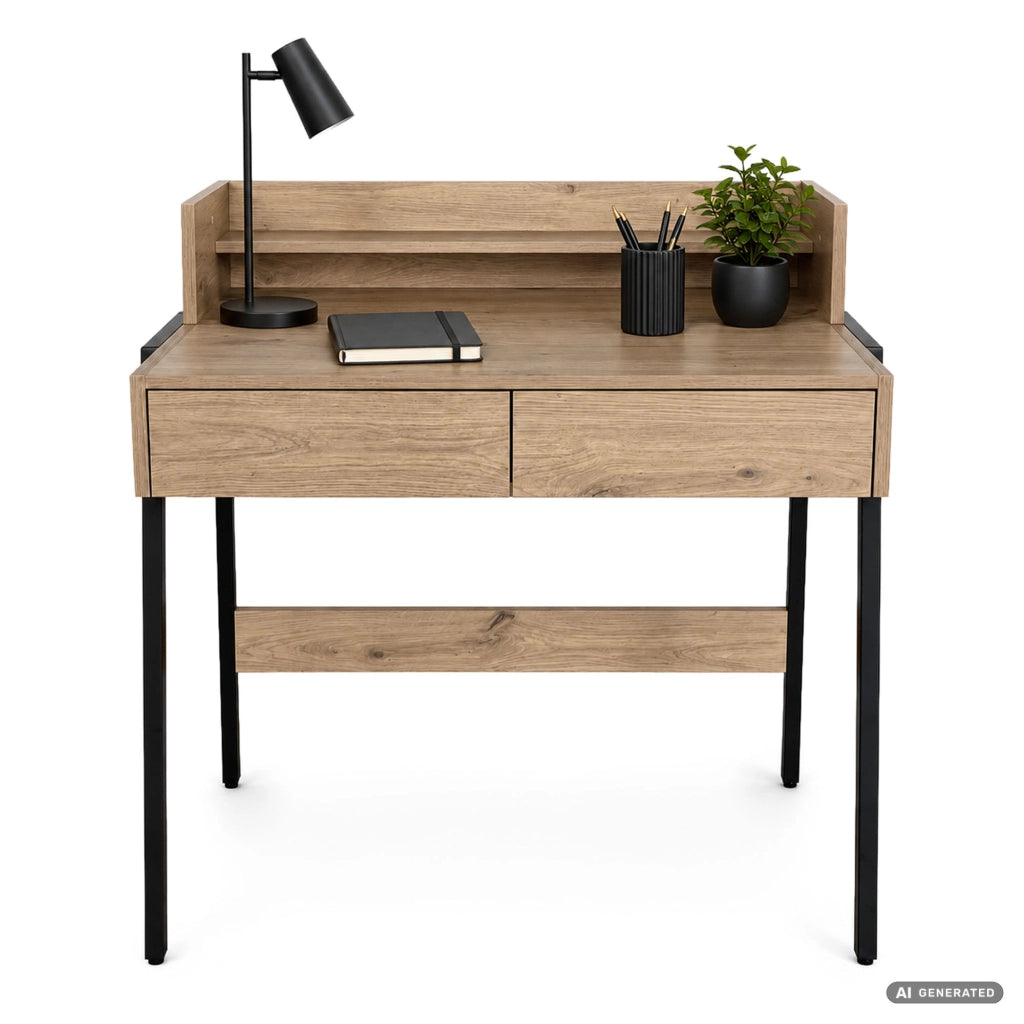 Scrivania industriale per computer Rovere Artisan FLUX 78 cm 2 cassetti 1 ripiano gambe nere
