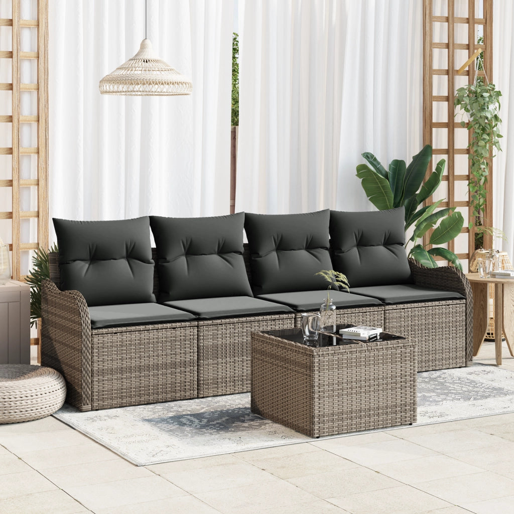 Set Divano da Giardino 5 Pezzi con Cuscini Grigio Polyrattan