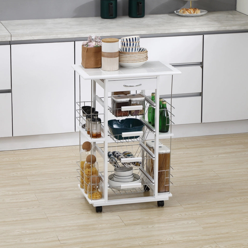 Carrello da Cucina con Ripiani e Cassetto Piano di Lavoro in Ceramica 57x37x83 cm