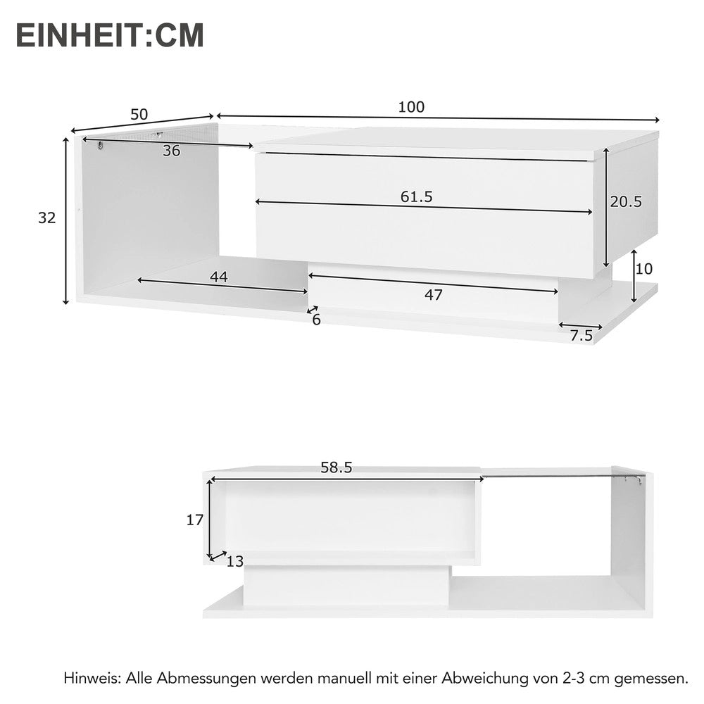 Tavolino da Caff¨¨ con LED e Cassetto ¨C Xylo ¨C Bianco Lucido, Vetro Temperato, 100x50x32